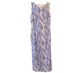 Magaschoni 100% Linen Peek A Boo Side Cut-Out Midi Dress Blue White Women Size 6